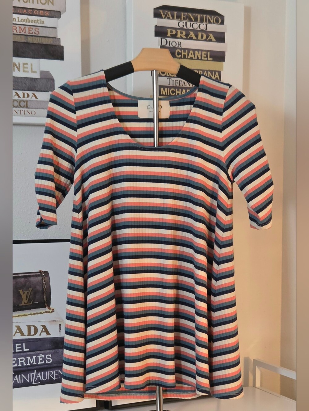 Anthropologie Puella Striped Ribbed Knit Swing Tunic Top Short Sleeve Small